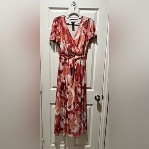Kate and Lily Floral Wrap Dress in deep reds and light pink